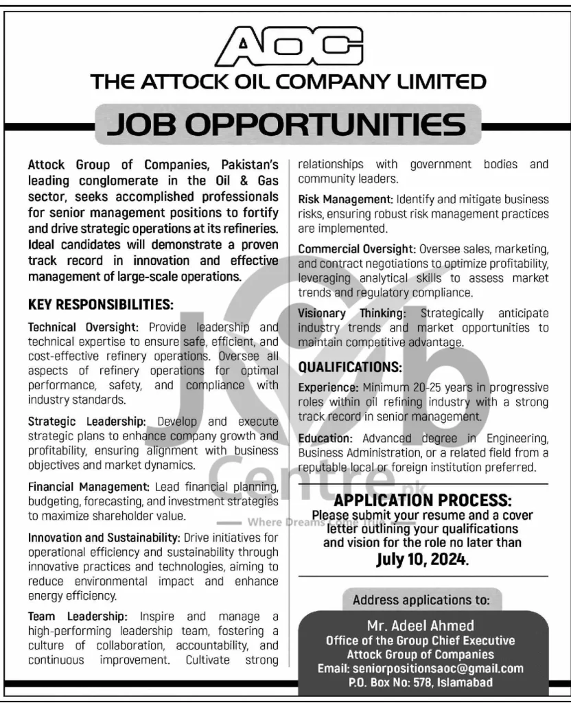 Attock Oil Group Company AOC Jobs 2024 Advertisement