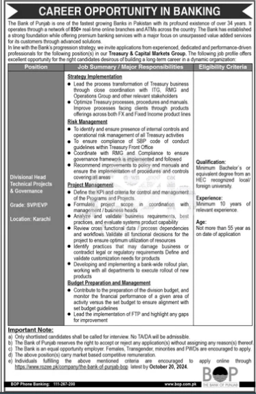 Bank Of Punjab BOP Jobs 2024 Advertisement