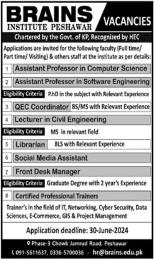 Brains Institute Peshawar Jobs 2024 Advertisement