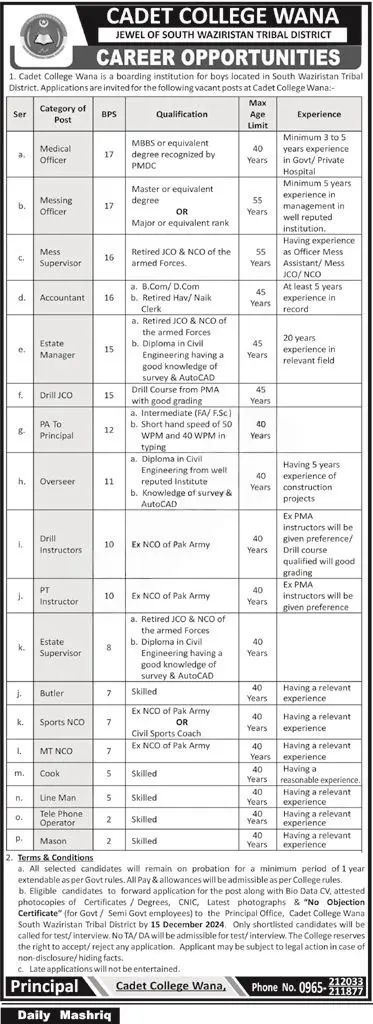 Cadet College Wana Jobs 2024 Advertisement