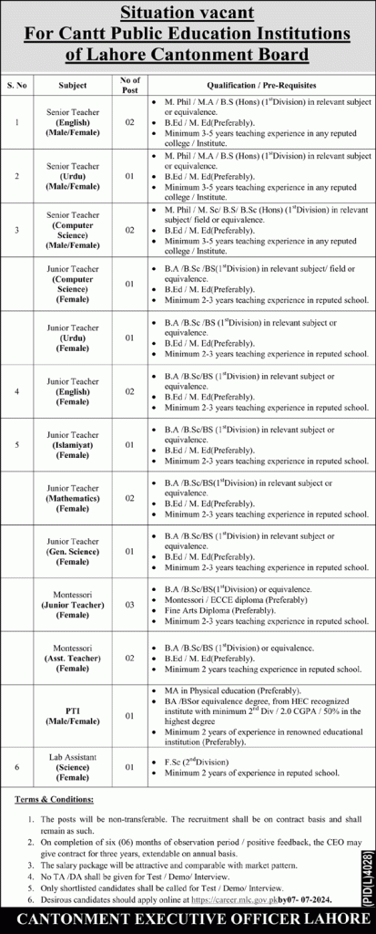 Cantt Public Educational Institution Lahore Jobs 2024 Advertisement: