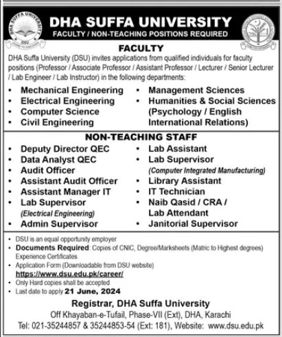 DHA Suffa University Karachi Jobs 2024 Advertisement