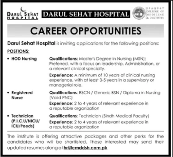 Darul Sehat Hospital Karachi Jobs 2024 Advertisement