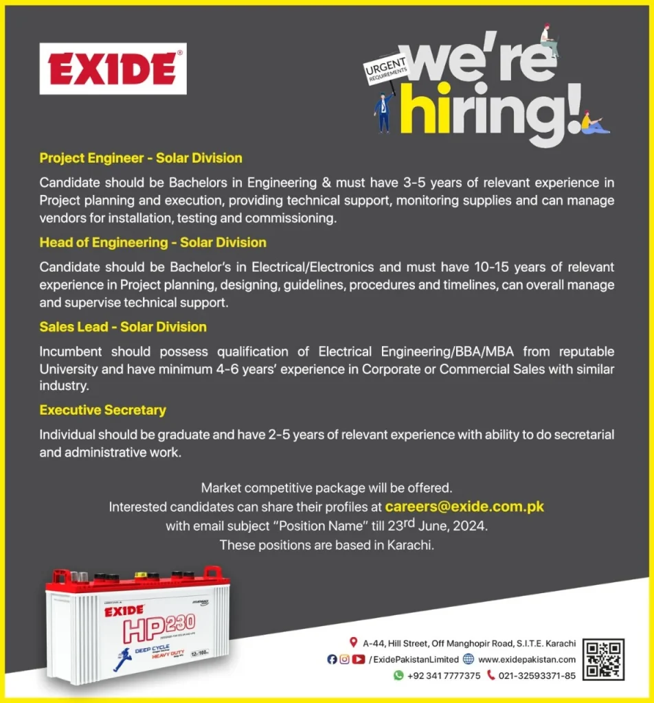 Exide Pakistan Limited Jobs 2024 Advertisement