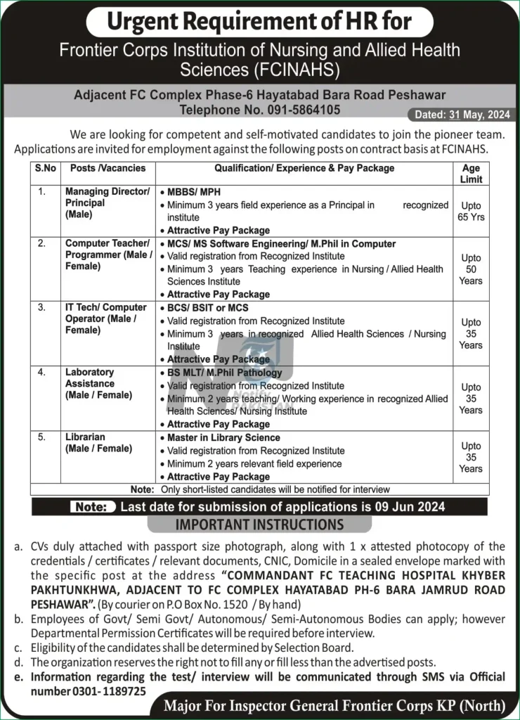 Frontier Corps Institution of Nursing and Allied Health Sciences FCINAHS Peshawar Jobs 2024 Advertisement: