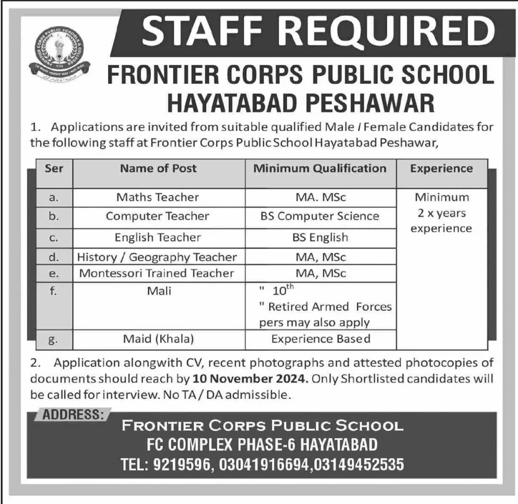  Frontier Corps Public School Hayatabad Jobs 2024 Advertisement