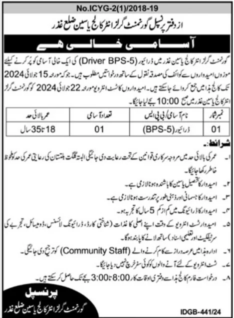 Government Girls Inter College Yasin Ghizer Jobs 2024 Advertisement