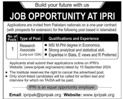 Islamabad Policy Research Institute IPRI Jobs 2024 Advertisement