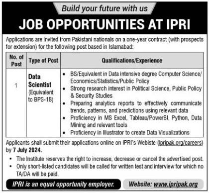 Islamabad Policy Research Institute IPRI Jobs 2024 Advertisement