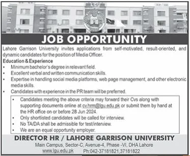 Lahore Garrison University LGU Jobs 2024 Advertisement