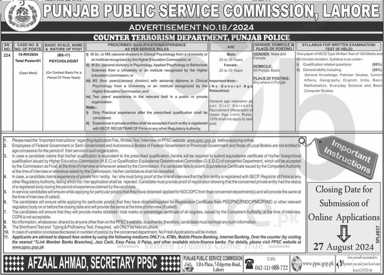 Latest Counter Terrorism Department CTD Punjab Police Jobs 2024 Advertisement