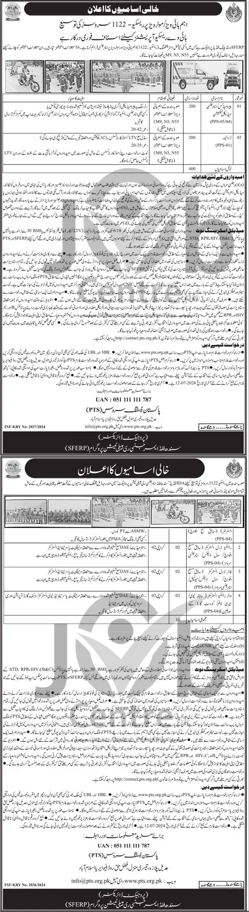 Latest Emergency Service Rescue 1122 Sindh Jobs 2024 Advertisement