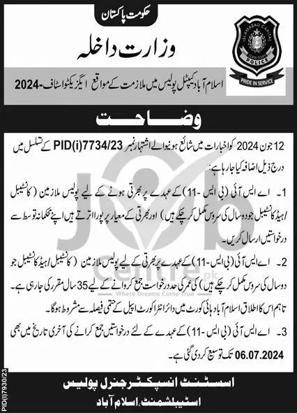 Latest Islamabad Capital Police Jobs 2024 Advertisement