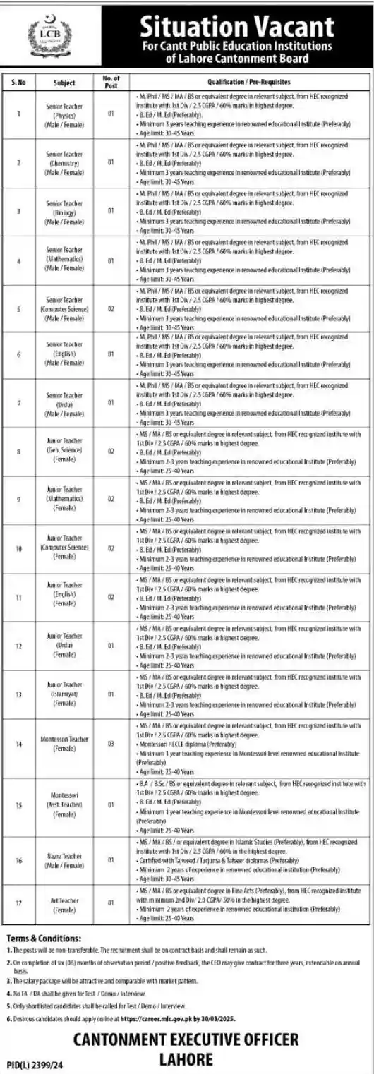 Lahore Cantonment Board LCB Jobs 2025 Latest Advertisement