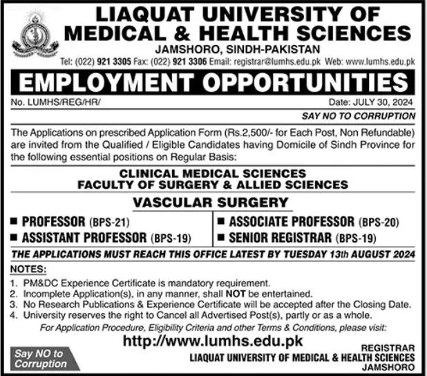 Latest Liaquat University of Medical and Health Sciences LUMHS Jamshoro Jobs 2024 Advertisement