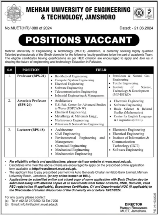 Latest Mehran University of Engineering and Technology MUET Jamshoro Jobs 2024 Advertisement