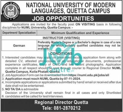 Latest National University of Modern Languages NUML Quetta Jobs 2024 Advertisement