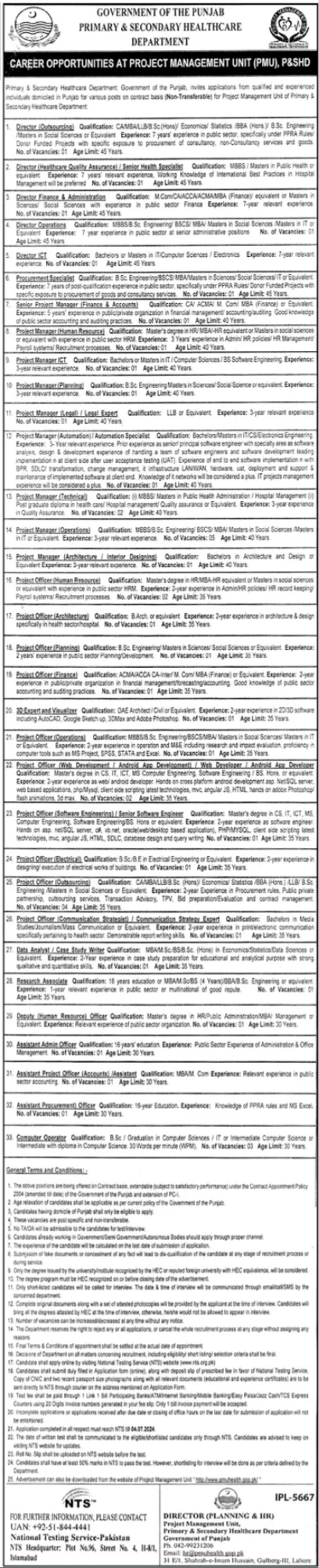 Latest Primary and Secondary Healthcare Department Lahore Jobs 2024 Advertisement