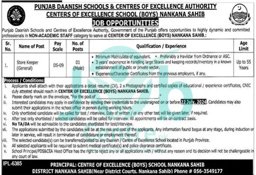 Punjab Daanish Schools Nankana Sahib Jobs 2024 Advertisement