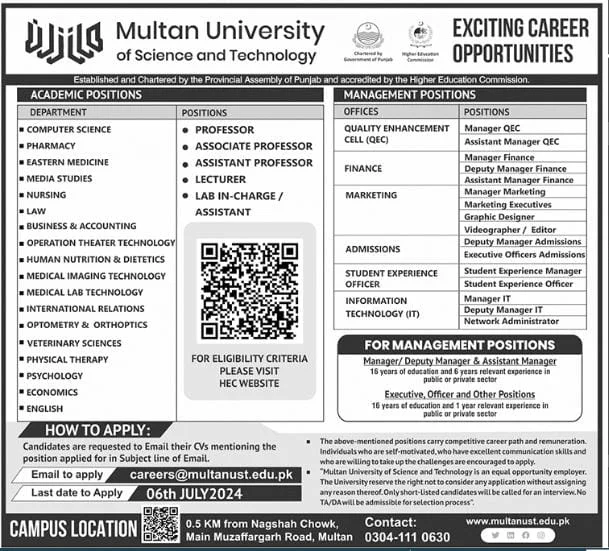 Multan University of Science and Technology Jobs 2024 Advertisement