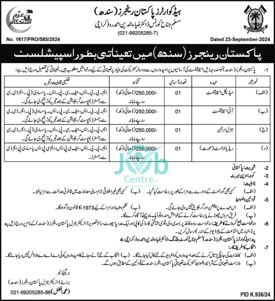 Headquarters Pakistan Rangers Sindh Jobs Advertisement