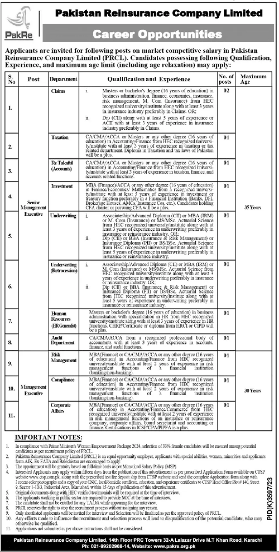 Pakistan Reinsurance Company Limited PRCL Jobs 2024 Advertisement