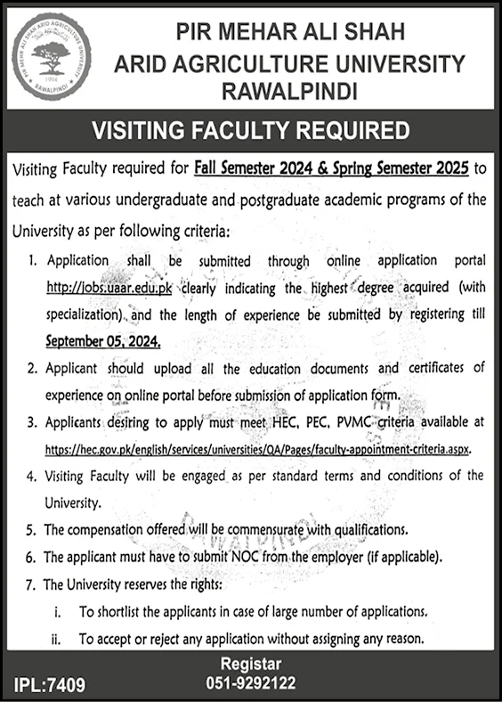 Pir Mehr Ali Shah Arid Agriculture University Rawalpindi PMAS AAUR 2024 Advertisement