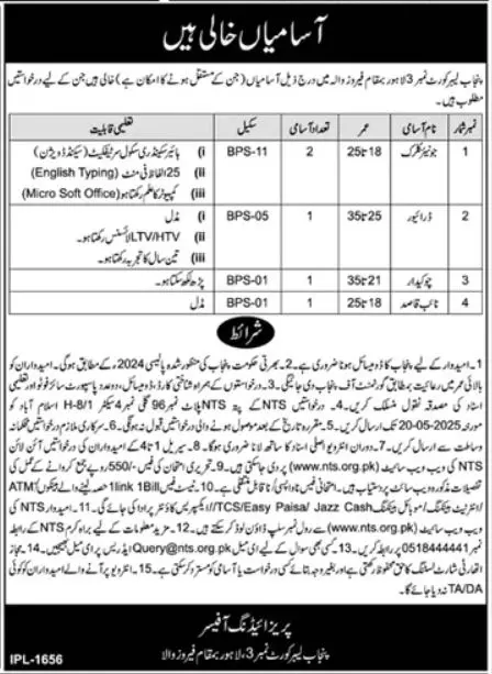 Punjab Labour Court Jobs 2025 Latest Advertisement