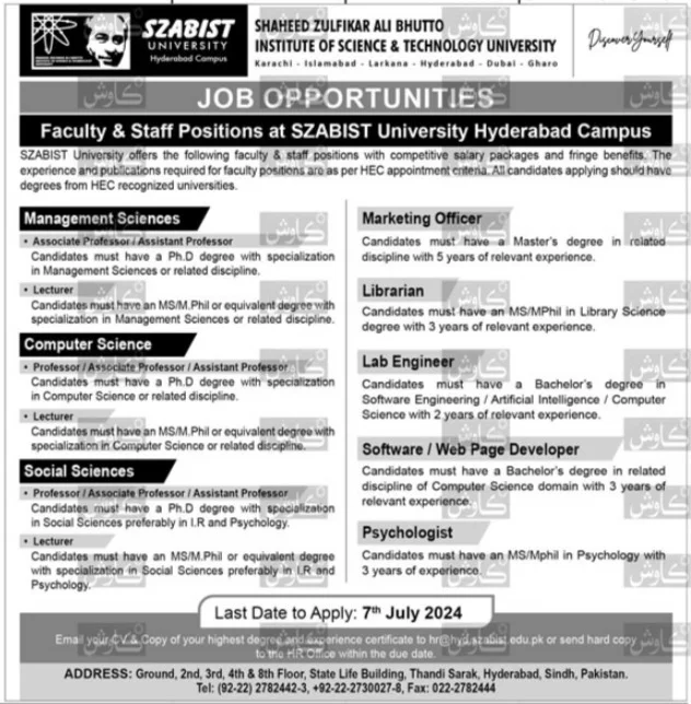 Shaheed Zulfiqar Ali Bhutto Institute of Technology SZABIST Hyderabad Jobs 2024 Advertisement