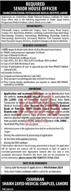 Shaikh Zayed Postgraduate Medical Institute Lahore Jobs 2024 Advertisement