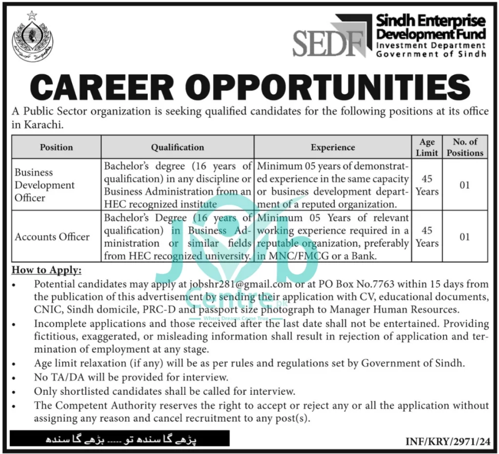 Sindh Enterprise Development Fund SEDF Jobs Advertisement