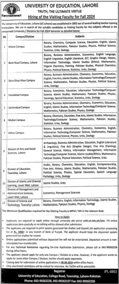 University of Education Lahore Jobs 2024 Advertisement