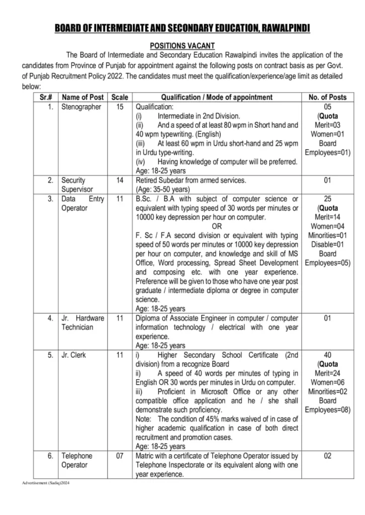 BISE Rawalpindi Jobs 2024 Advertisement#3