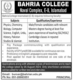 Bahria College Naval Complex E-8 Islamabad Jobs 2024