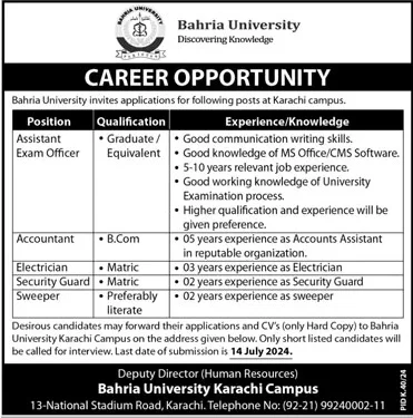 Bahria University Karachi Campus Jobs 2024