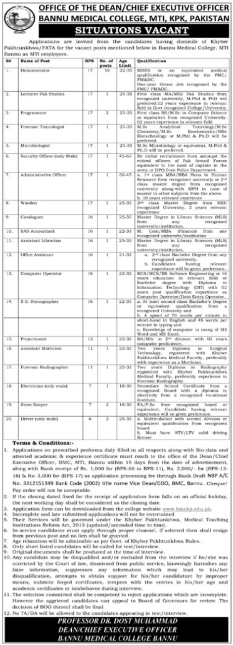 Bannu Medical College MTI Jobs 2024 Advertisement