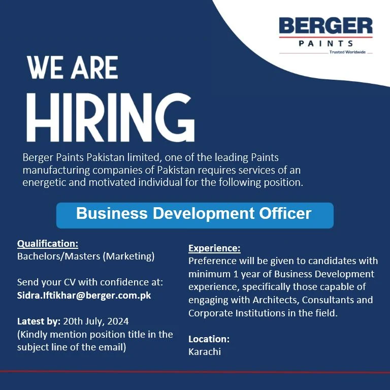 Berger Paints Pakistan Jobs 2024 Advertisement