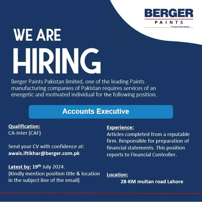 Berger Paints Pakistan Jobs 2024 Advertisement