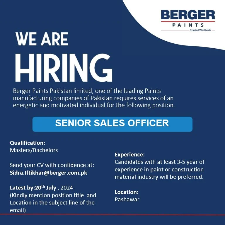 Berger Paints Pakistan Jobs 2024 Advertisement