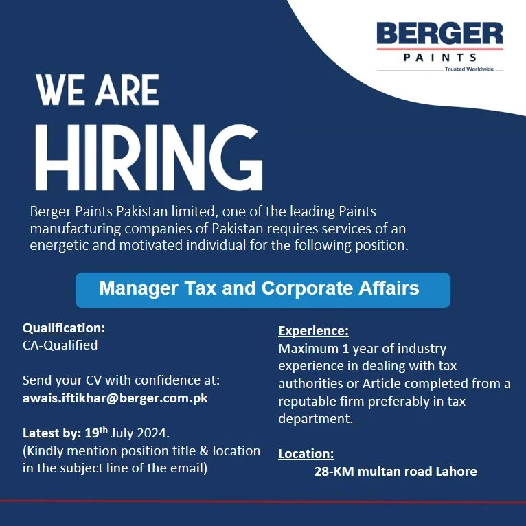 Berger Paints Pakistan Jobs 2024 Advertisement