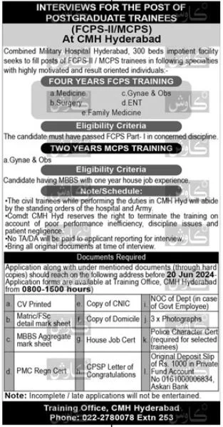  CMH Hyderabad Postgraduate Training Program 2024 Advertisement