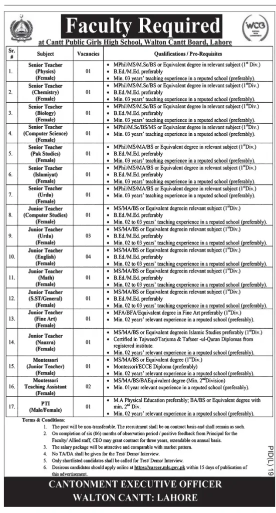 Cantt Public Girls High School Lahore Jobs 2024 Advertisement