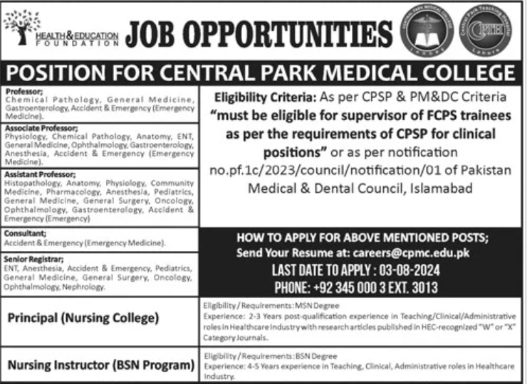 Central Park Medical College CPMC Lahore Jobs 2024 Advertisement