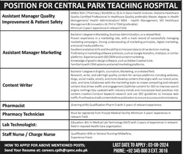 Central Park Teaching Hospital Lahore Jobs 2024 Advertisement