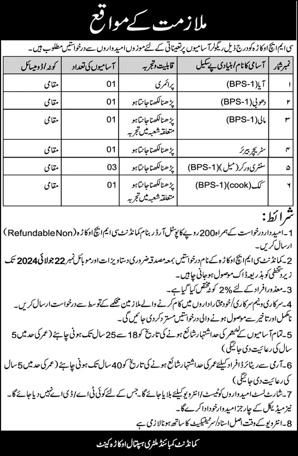 Combined Military Hospital CMH Okara Jobs 2024 Advertisement