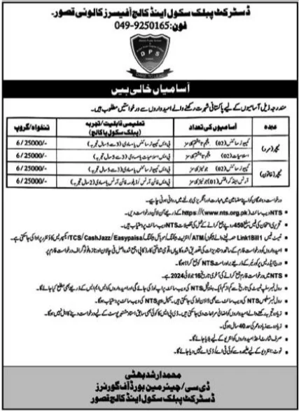 District Public School and College DPS Kasur Jobs 2024 Advertisement