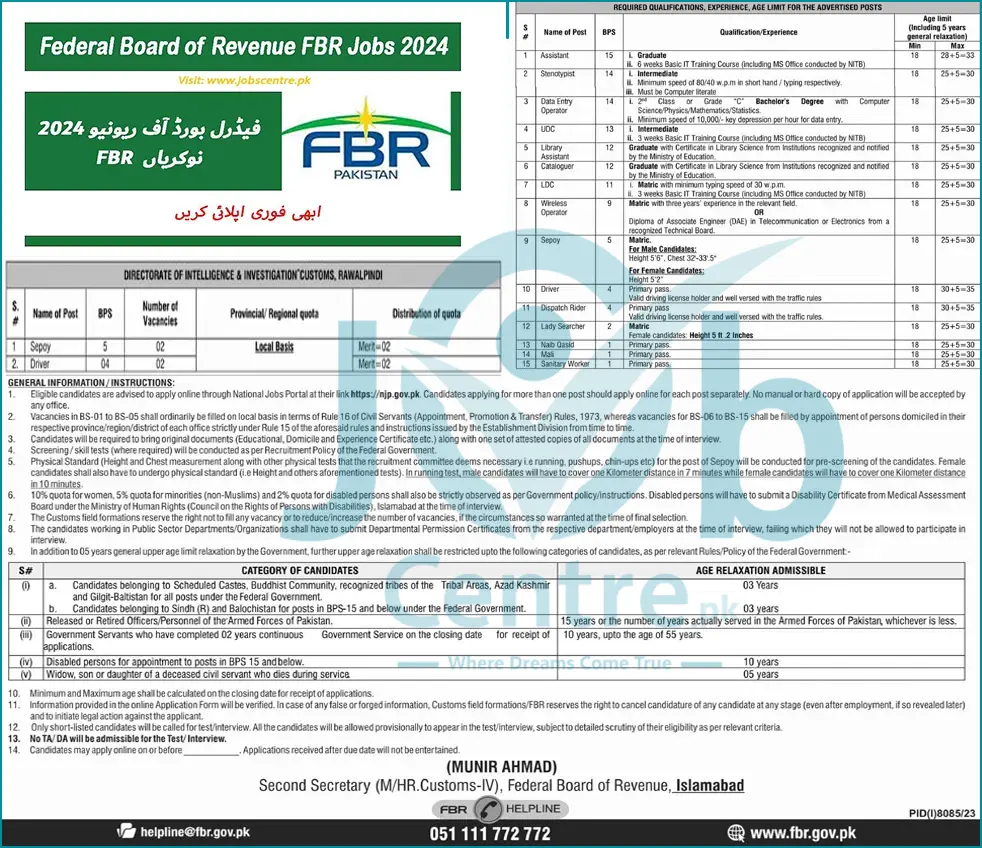 FBR Rawalpindi Jobs 2024 Advertisement