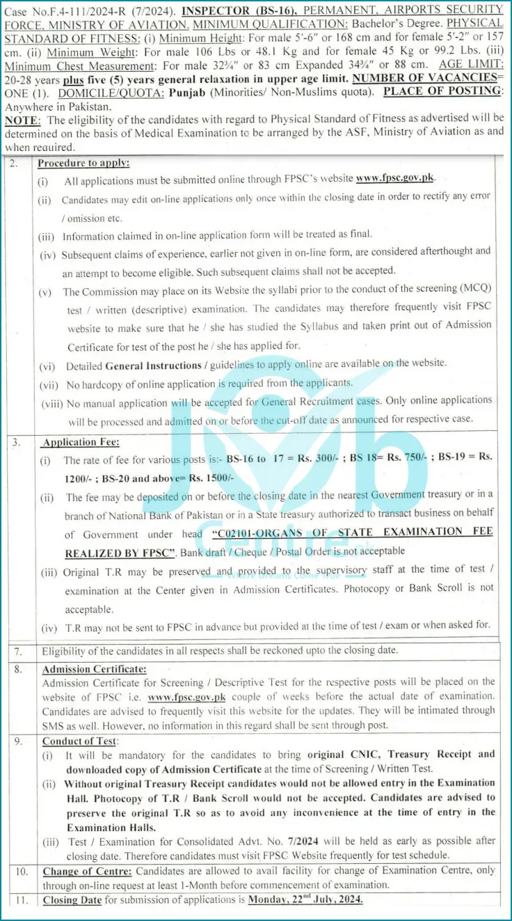 FPSC ASF Inspector Jobs 2024 Advertisement