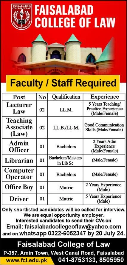 Faisalabad College Of Law Jobs 2024 Advertisement