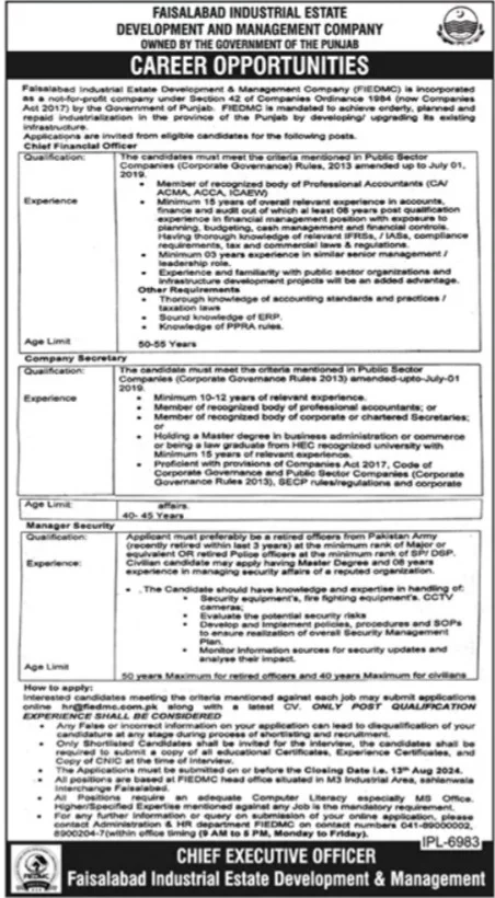 Faisalabad Industrial Estate Development and Management Company FIEDMC Jobs 2024 Advertisement